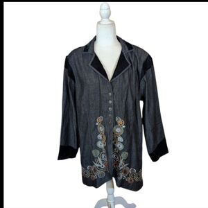 Steampunk Duster Colorful Embroidery. Velvet Cuffs/ Collar Black Cotton Sz 1X